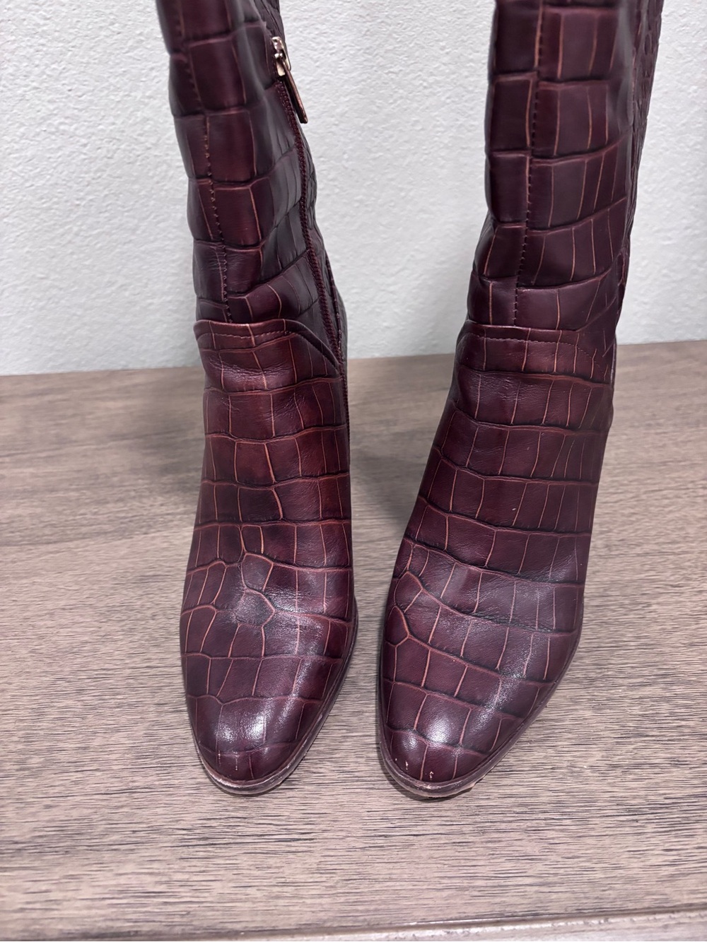 Vince Camuto Phranzie Leather Burgundy Croc-Embossed Knee High Boots - Picture 7 of 12